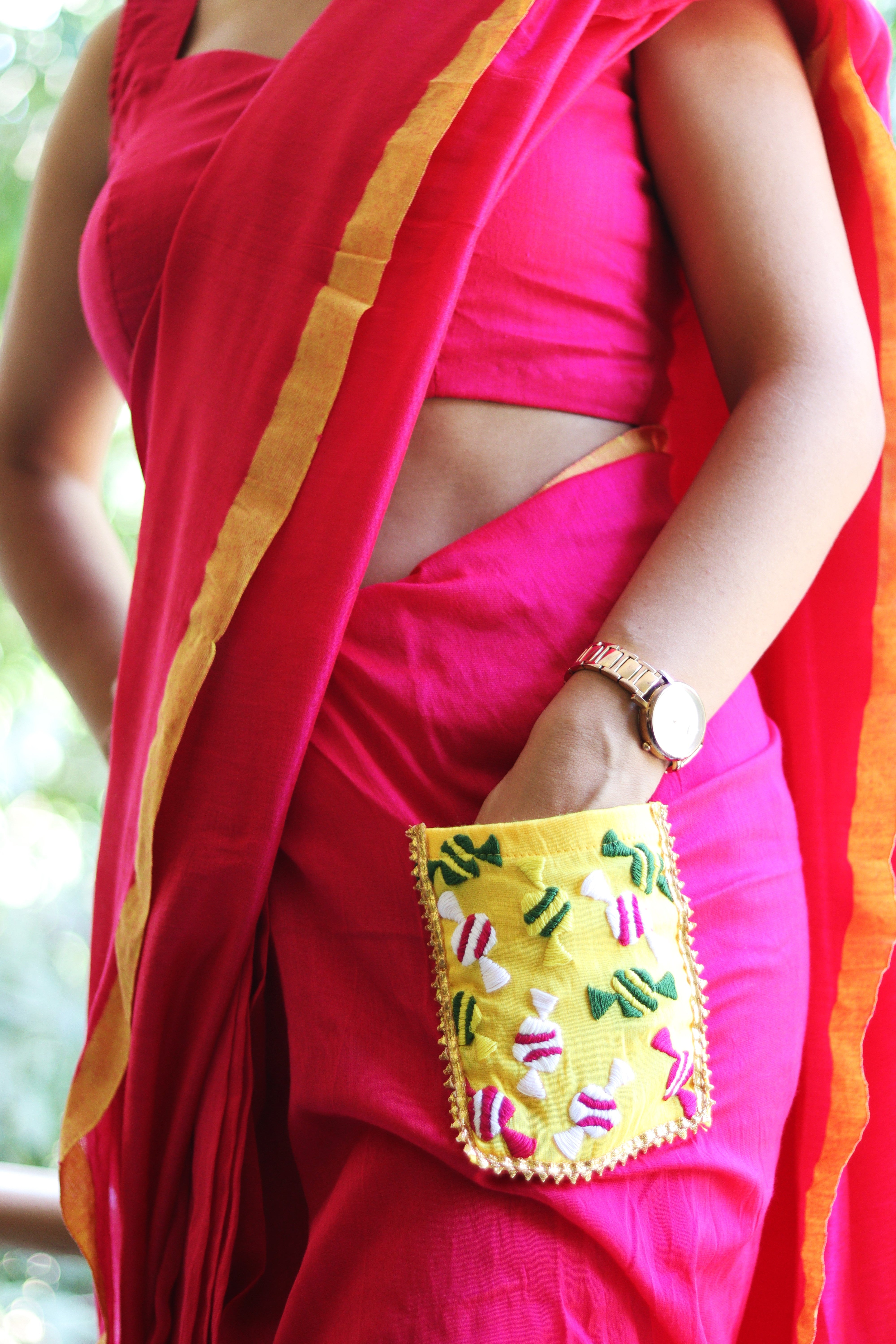Candy Crush – Ready-to-Wear Pocket Saree with Candy Embroidery - Kozylook